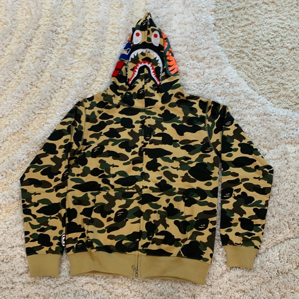 A Bathing Ape Bape Camo Yellow WGM Tiger Sharkhead Hoodie Men’s Large